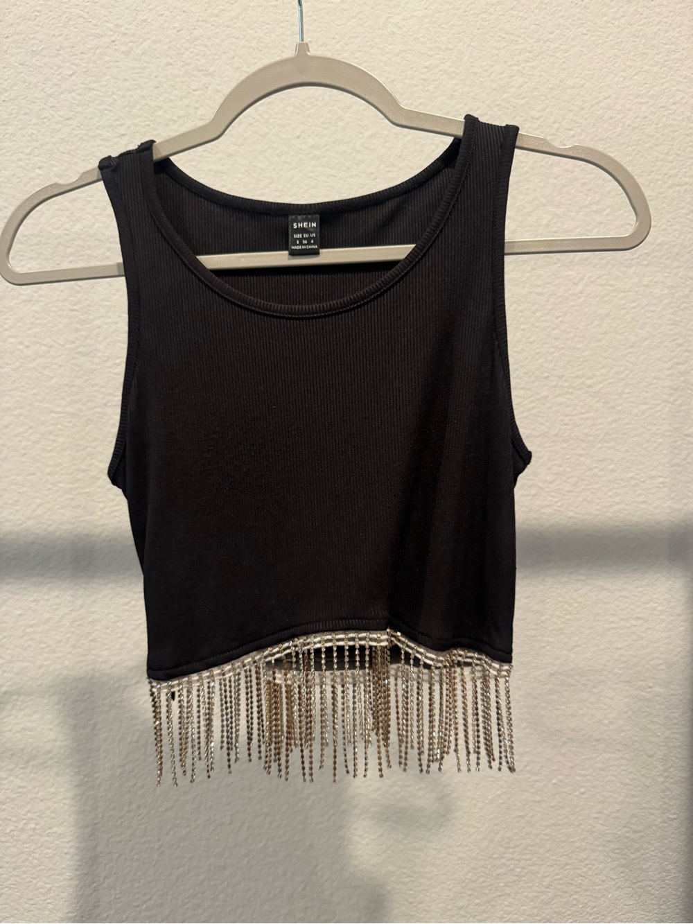 SHEIN Black Ribbed Crop Top with Gold Fringe